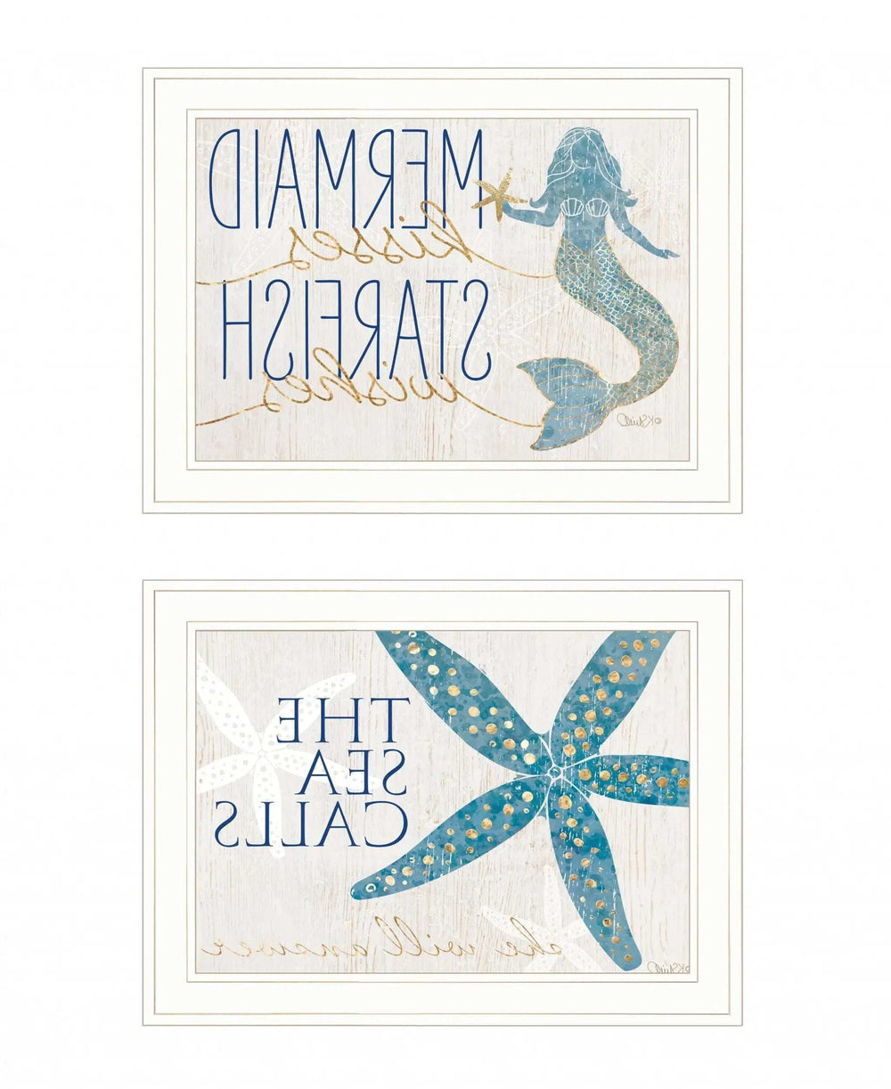 Set Of Two Mermaid Kisses Starfish Wishes 2 White Framed Print Wall Art - Homeroots - Flyclothing LLC