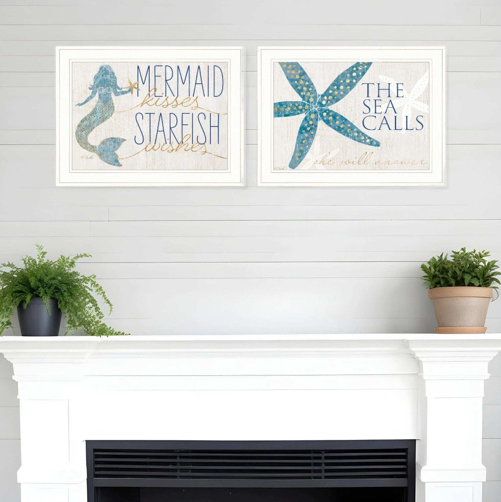 Set Of Two Mermaid Kisses Starfish Wishes 2 White Framed Print Wall Art - Homeroots - Flyclothing LLC