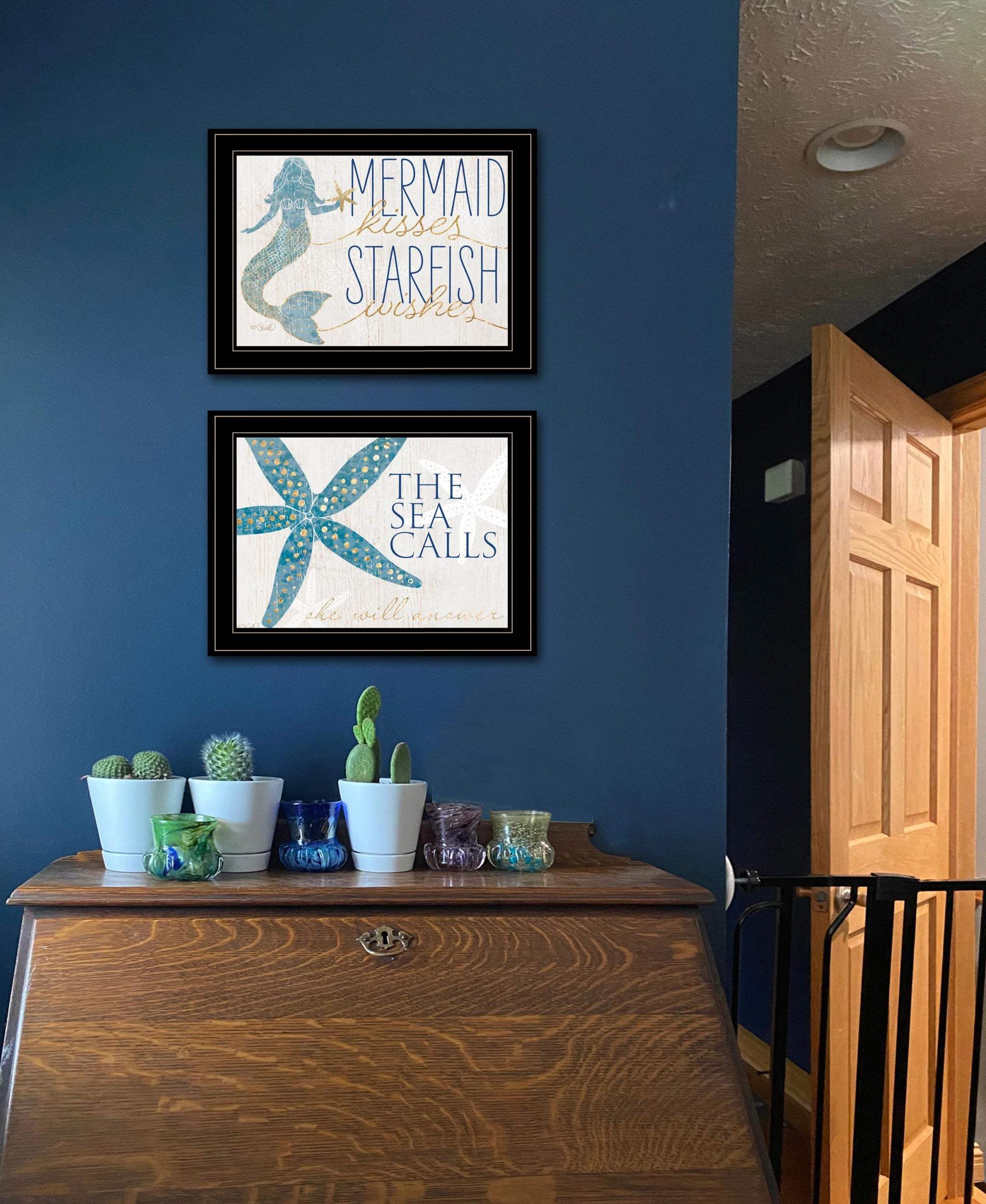 Set Of Two Mermaid Kisses Starfish Wishes 3 Black Framed Print Wall Art - Homeroots - Flyclothing LLC