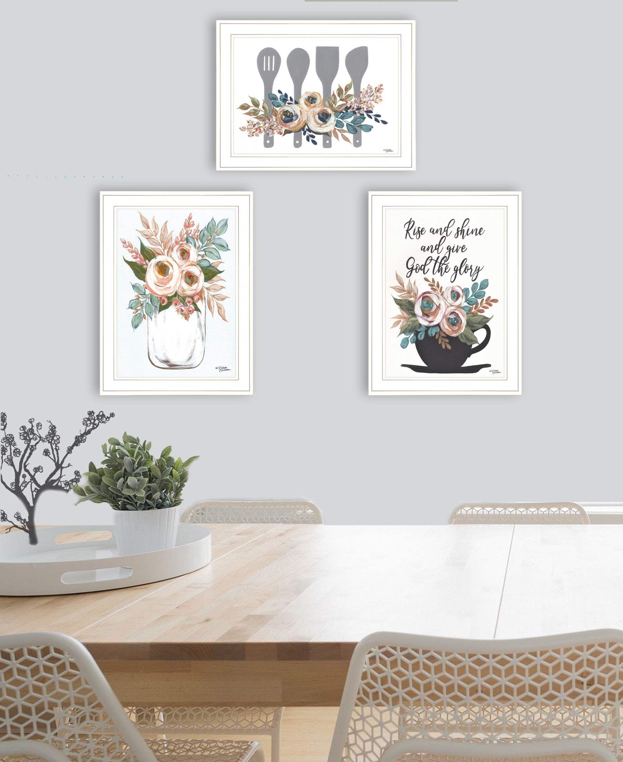 Set Of Three Rise and Shine White Framed Print Kitchen Wall Art - Homeroots - Flyclothing LLC