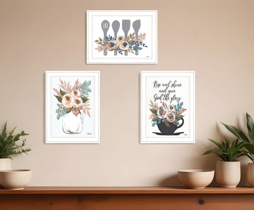 Set Of Three Rise and Shine White Framed Print Kitchen Wall Art - Homeroots