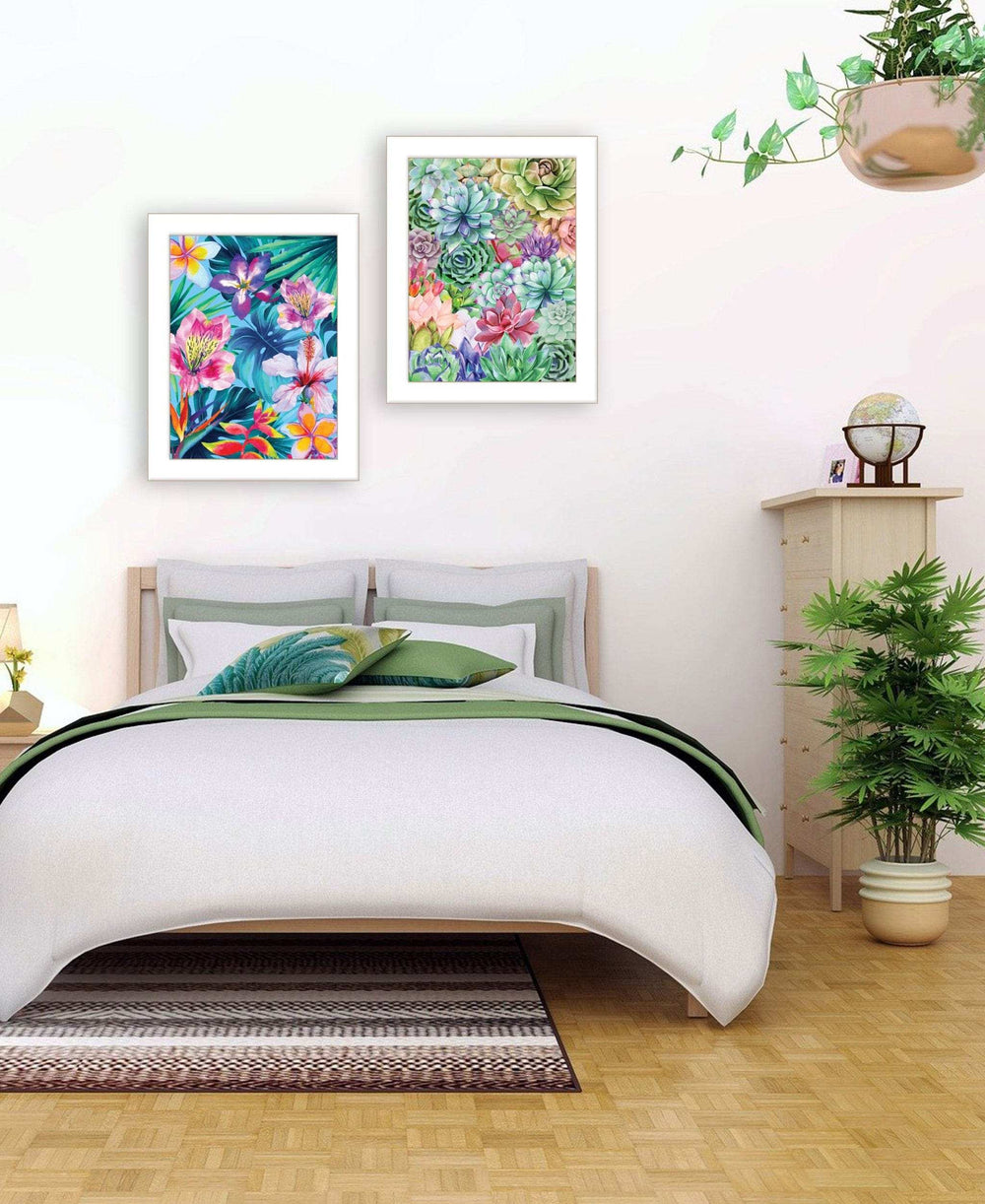 Set Of Two Succulents Paradise and Tropical Flowers White Framed Print Wall Art - Homeroots - Flyclothing LLC