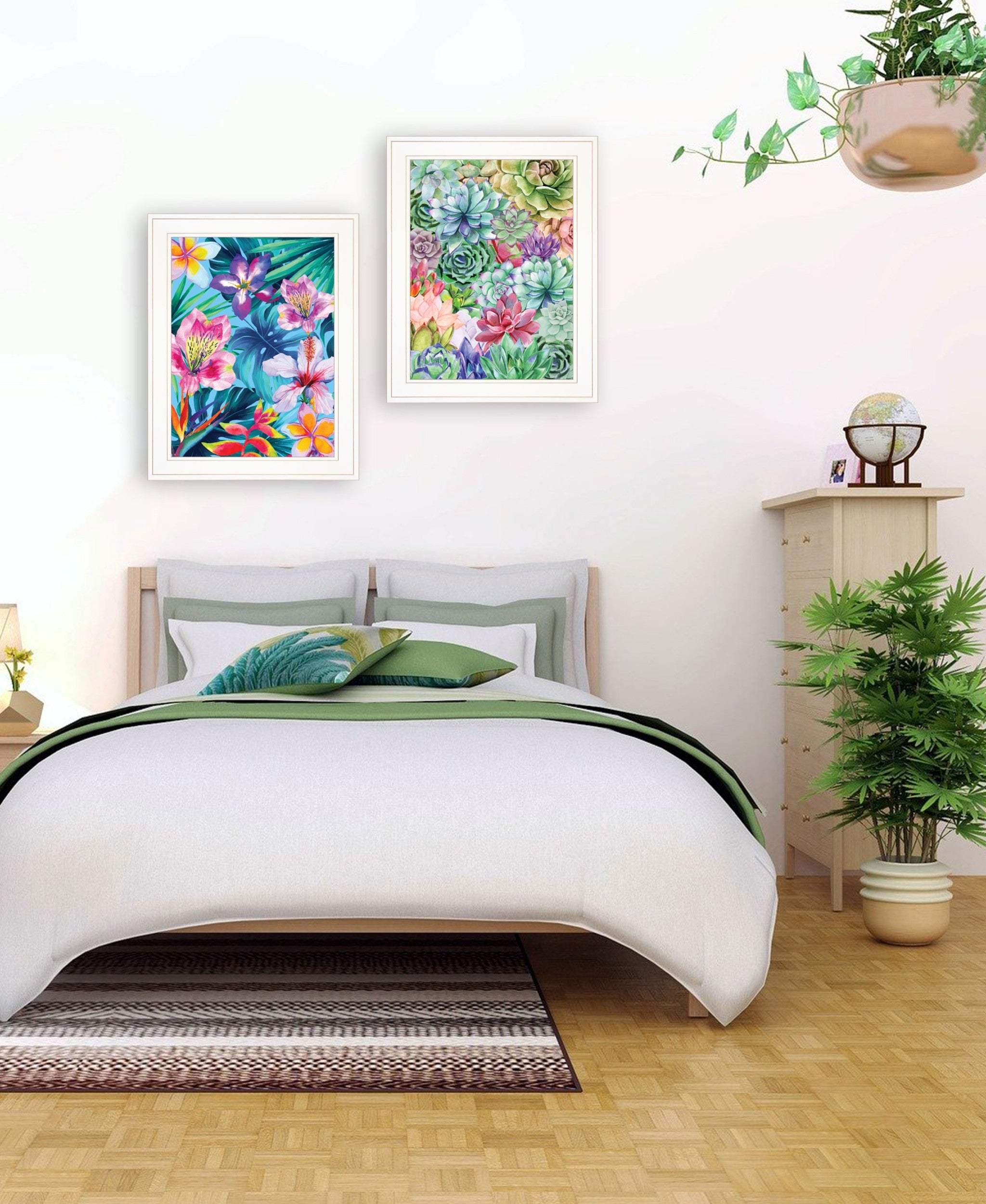 Set Of Two Succulents Paradise and Tropical Flowers White Framed Print Wall Art - Homeroots - Flyclothing LLC
