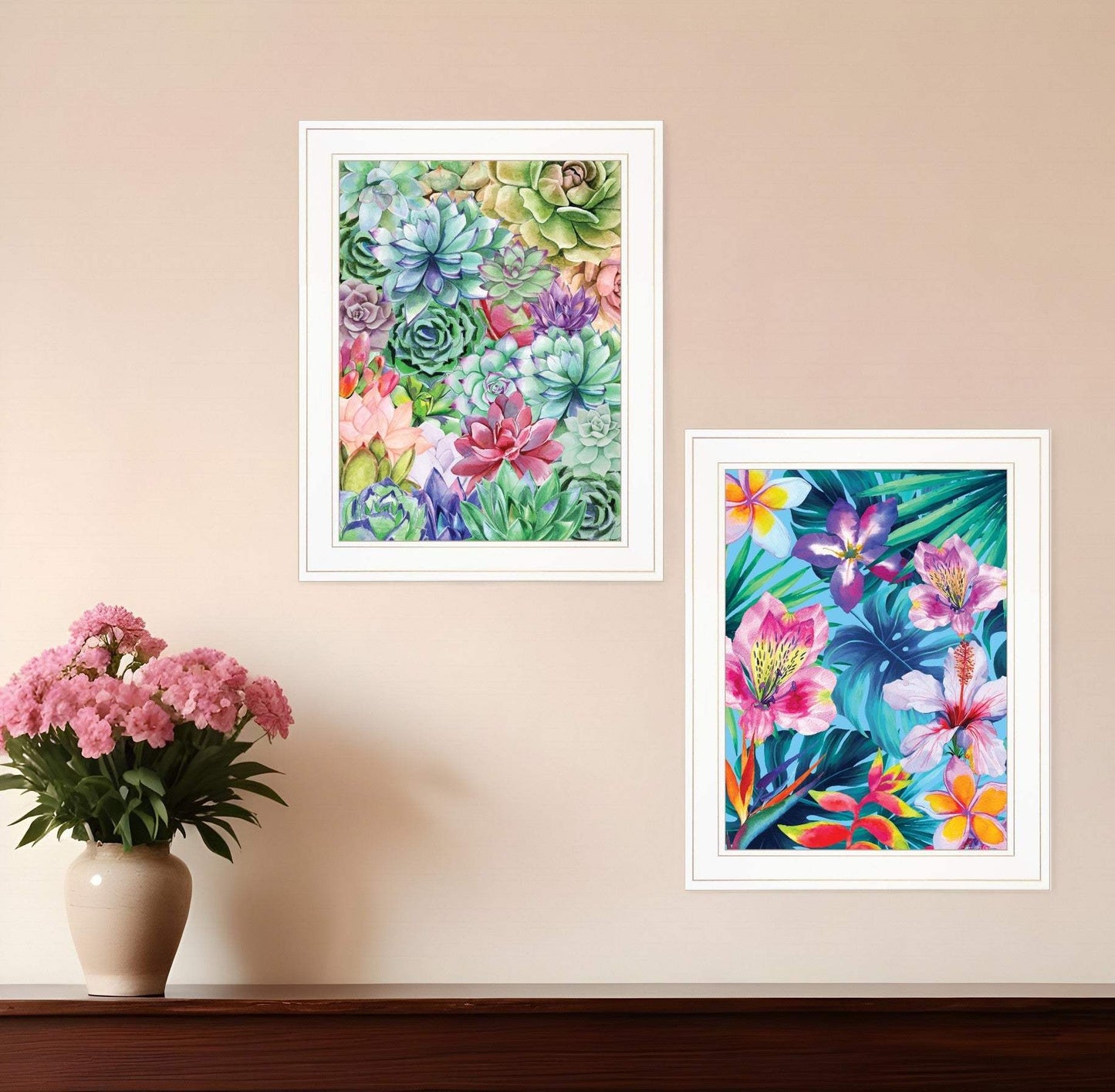 Set Of Two Succulents Paradise and Tropical Flowers White Framed Print Wall Art - Homeroots - Flyclothing LLC