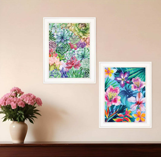 Set Of Two Succulents Paradise and Tropical Flowers White Framed Print Wall Art - Homeroots - Flyclothing LLC