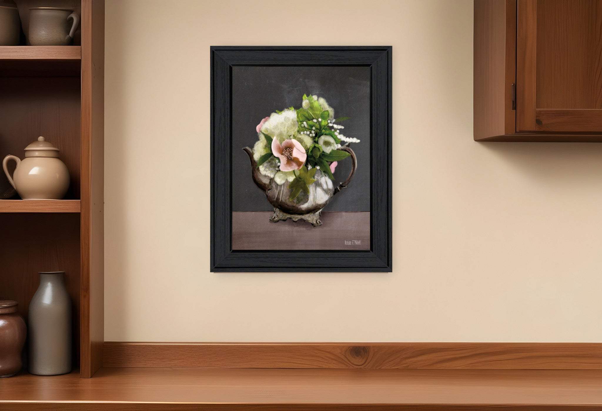 Vintage Floral Tea Pot 1 Black Framed Print Kitchen Wall Art - Homeroots - Flyclothing LLC