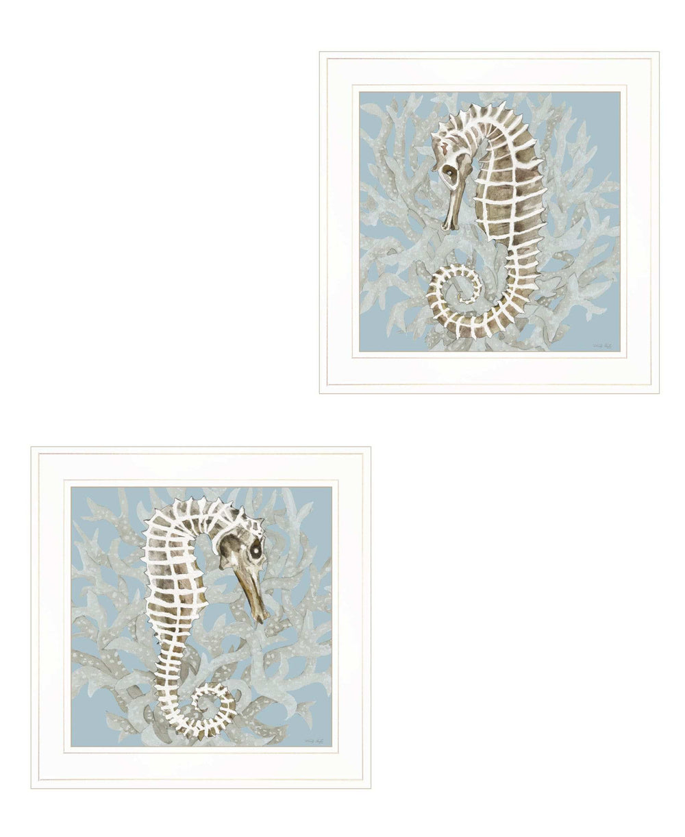 Set Of Two Coral Seahorse White Framed Print Wall Art - Homeroots - Flyclothing LLC