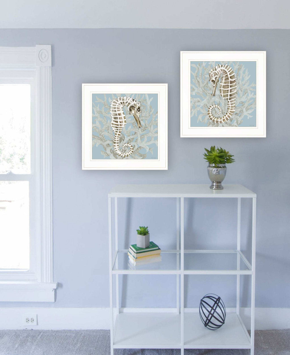 Set Of Two Coral Seahorse White Framed Print Wall Art - Homeroots - Flyclothing LLC