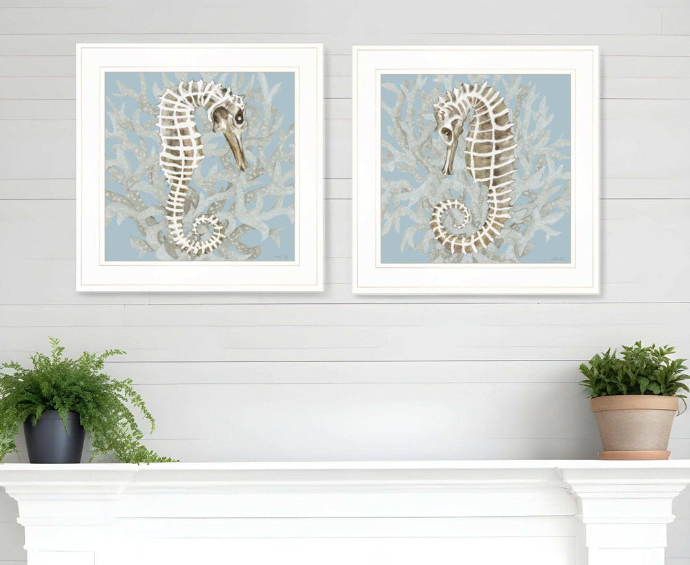 Set Of Two Coral Seahorse White Framed Print Wall Art - Homeroots - Flyclothing LLC