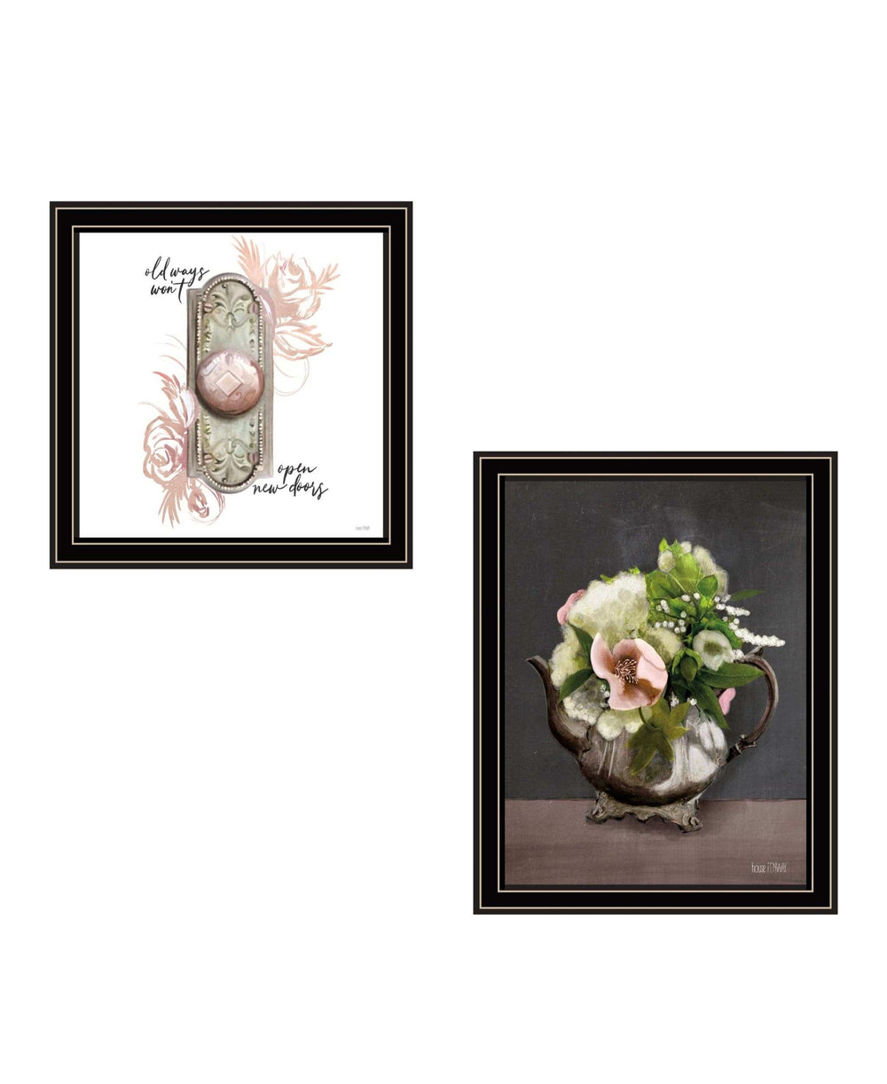 Set Of Two Vintage Floral Tea Pot and Door Knob Black Framed Print Kitchen Wall Art - Homeroots - Flyclothing LLC