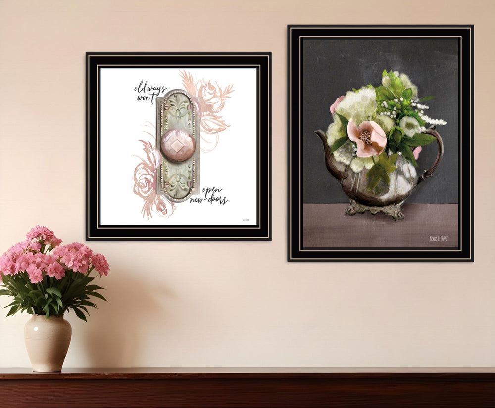 Set Of Two Vintage Floral Tea Pot and Door Knob Black Framed Print Kitchen Wall Art - Homeroots