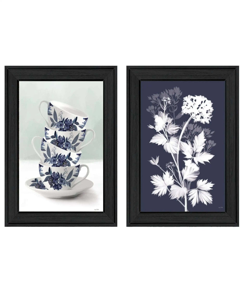 Set Of Two Tea Towers with Flowers Blue Black Framed Print Kitchen Wall Art - Homeroots - Flyclothing LLC