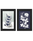 Set Of Two Tea Towers with Flowers Blue Black Framed Print Kitchen Wall Art - Homeroots