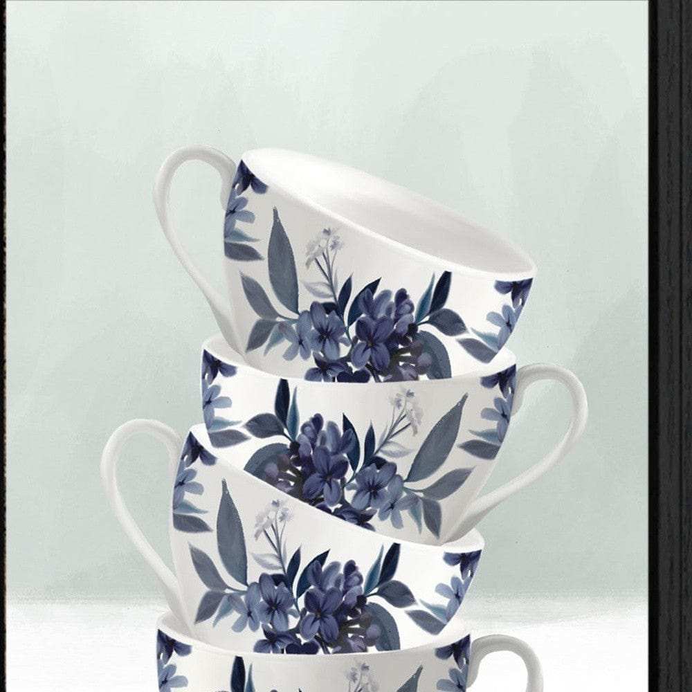 Set Of Two Tea Towers with Flowers Blue Black Framed Print Kitchen Wall Art - Homeroots - Flyclothing LLC