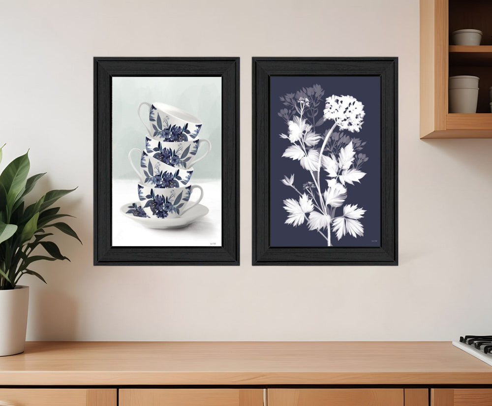 Set Of Two Tea Towers with Flowers Blue Black Framed Print Kitchen Wall Art - Homeroots