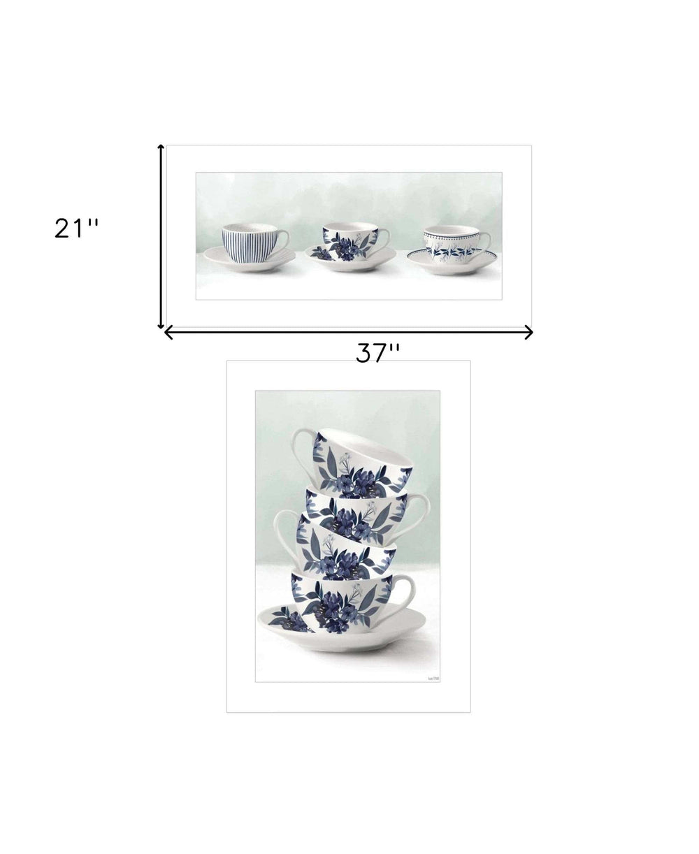 Set Of Two Tea tower with Cups and Sauces White Framed Print Kitchen Wall Art - Homeroots - Flyclothing LLC