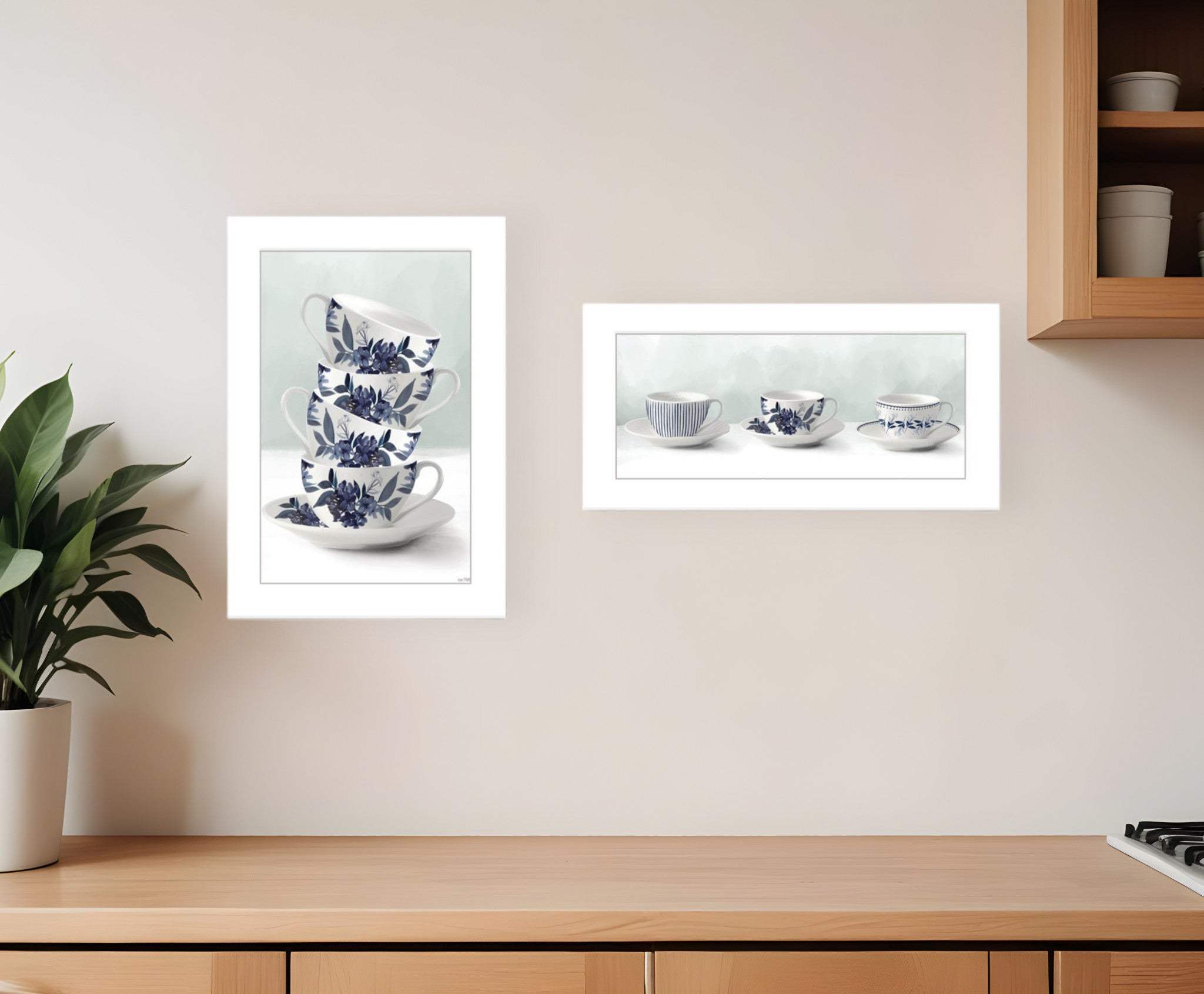 Set Of Two Tea tower with Cups and Sauces White Framed Print Kitchen Wall Art - Homeroots - Flyclothing LLC