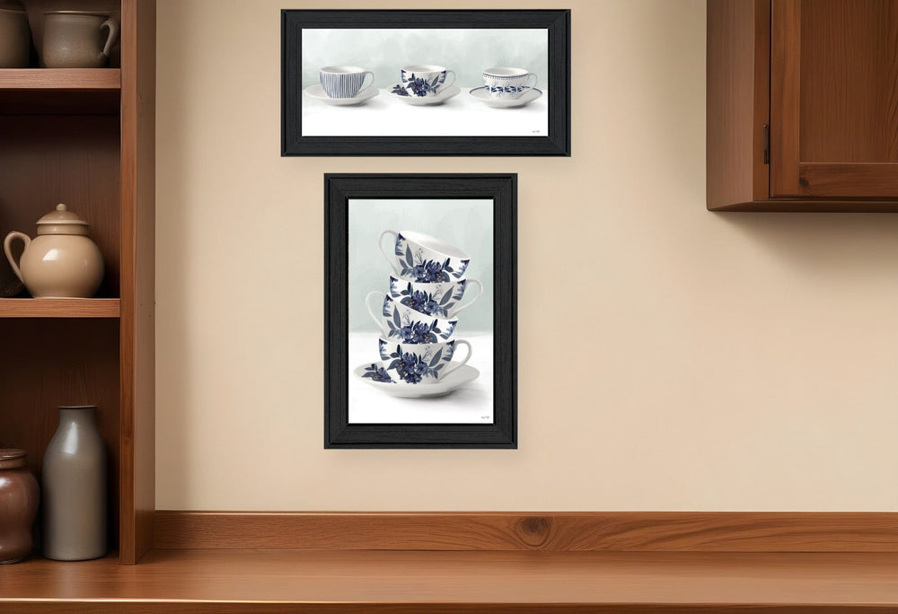 Set Of Two Tea tower with Cups and Sauces Black Framed Print Kitchen Wall Art - Homeroots