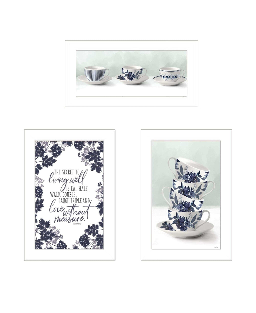 Set Of Three Tea tower with Cups and Sauces White Framed Print Kitchen Wall Art - Homeroots - Flyclothing LLC