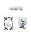 Set Of Three Tea tower with Cups and Sauces White Framed Print Kitchen Wall Art - Homeroots