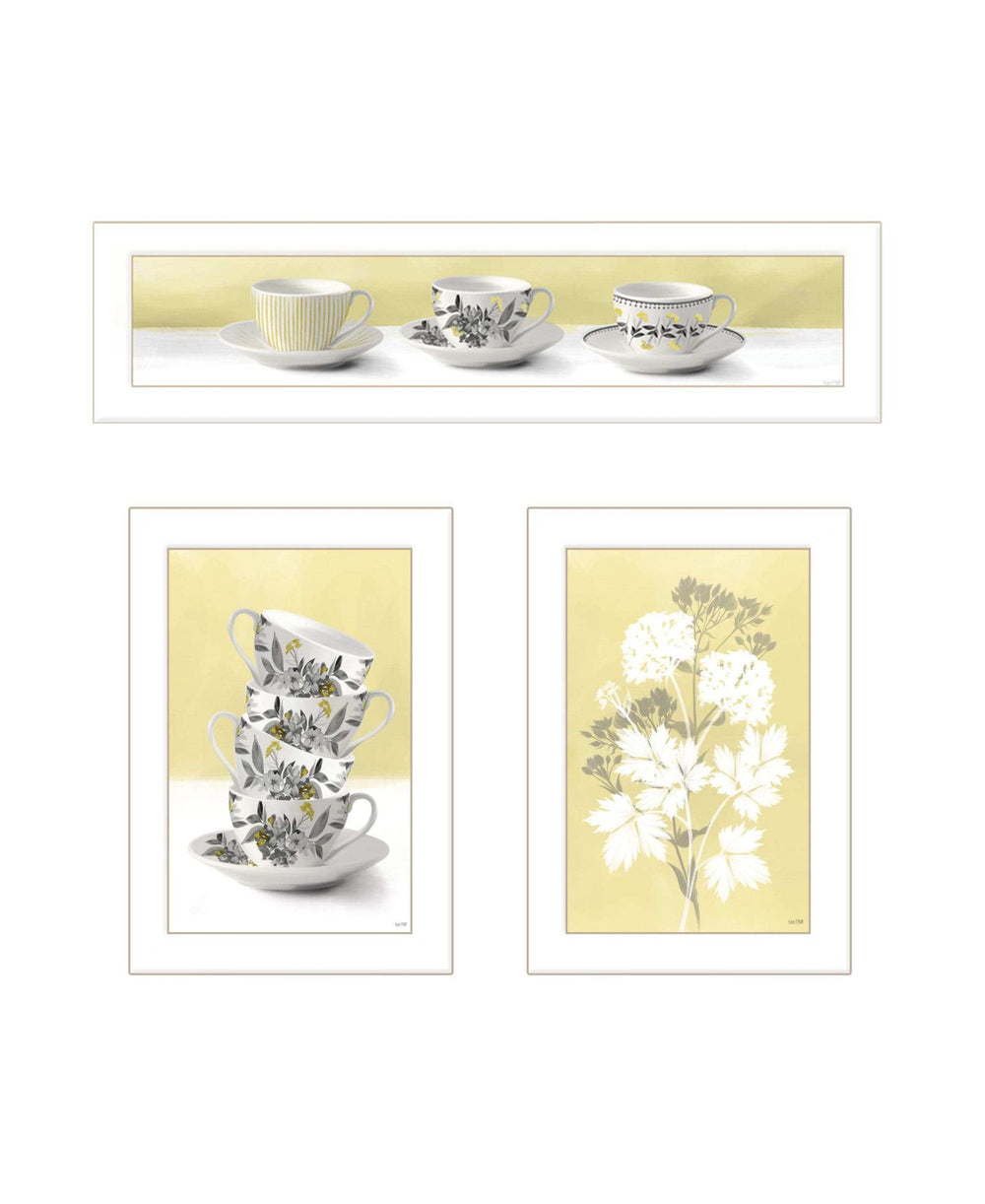 Set Of Three Tea Cups and Yellow Flowers White Framed Print Kitchen Wall Art - Homeroots - Flyclothing LLC
