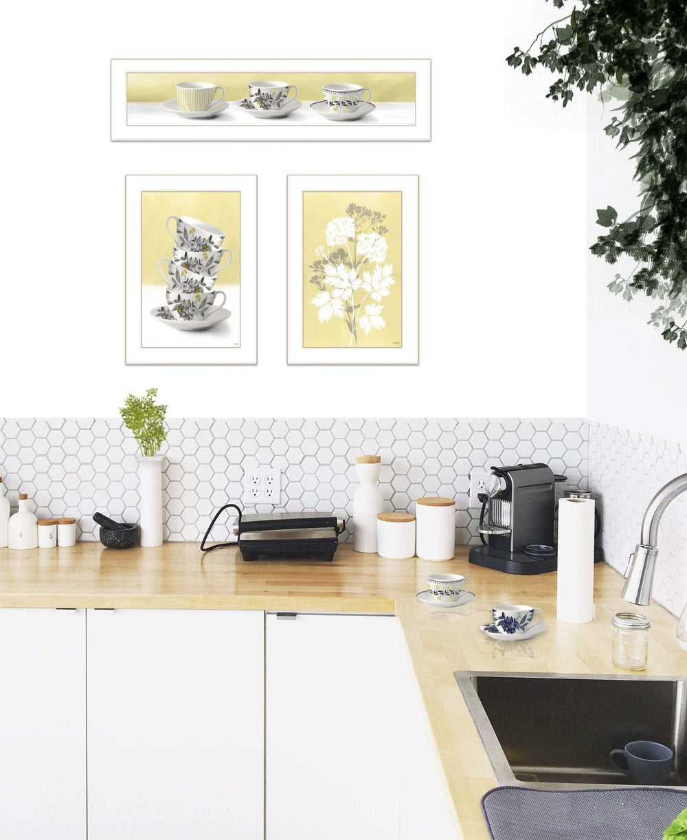 Set Of Three Tea Cups and Yellow Flowers White Framed Print Kitchen Wall Art - Homeroots - Flyclothing LLC
