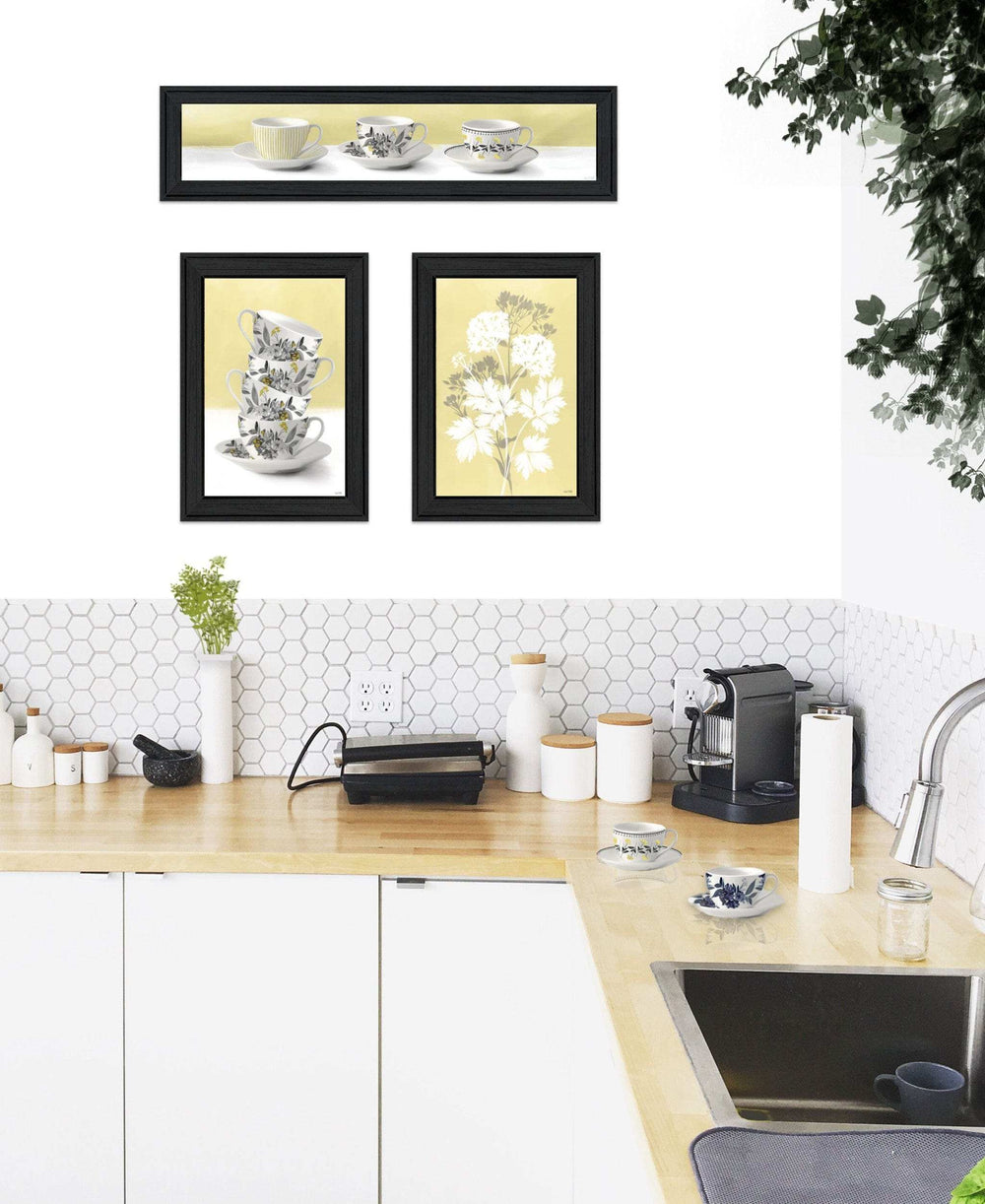 Set Of Three Tea Cups and Yellow Flowers Black Framed Print Kitchen Wall Art - Homeroots - Flyclothing LLC