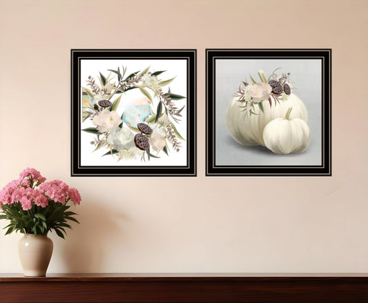 Set Of Two BOHO Pumpkins and Flowers 1 Black Framed Print Wall Art - Homeroots