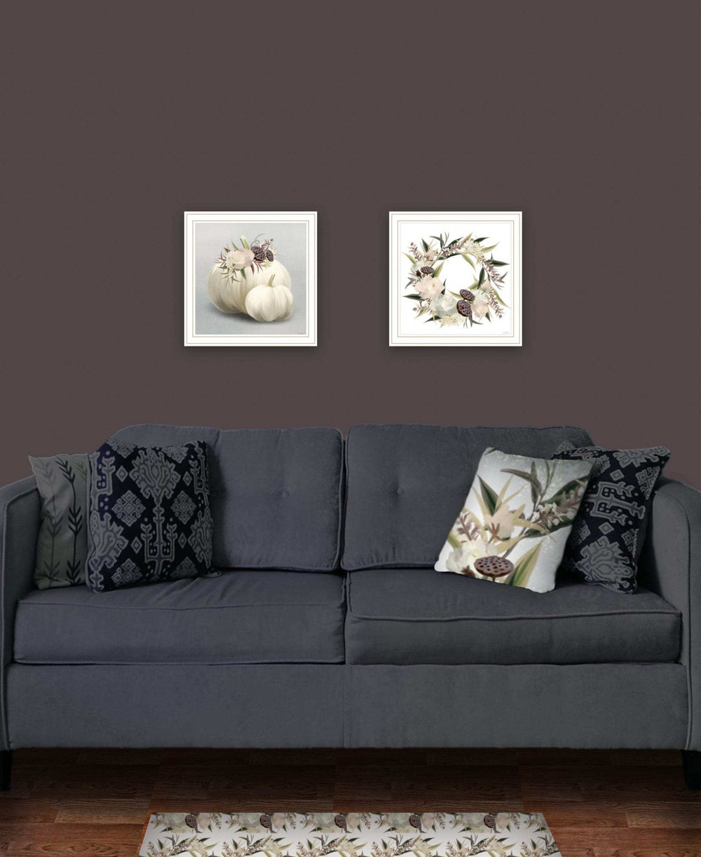 Set Of Two BOHO Pumpkins and Flowers 2 White Framed Print Wall Art - Homeroots - Flyclothing LLC