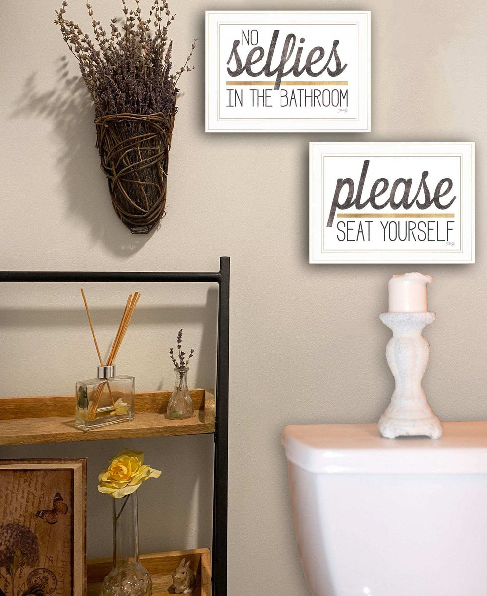 Set Of Two No Selfies When Seated 1 White Framed Print Bathroom Wall Art - Homeroots - Flyclothing LLC
