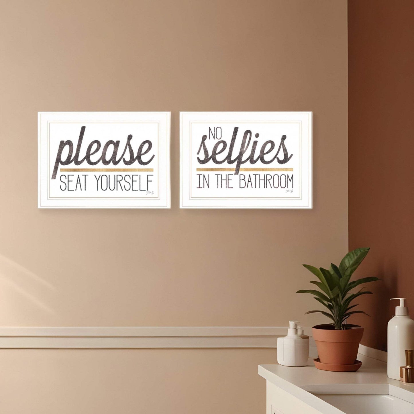 Set Of Two No Selfies When Seated 1 White Framed Print Bathroom Wall Art - Homeroots - Flyclothing LLC