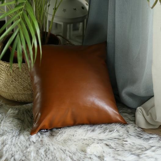 20" Brown Faux Leather Throw Pillow - Homeroots