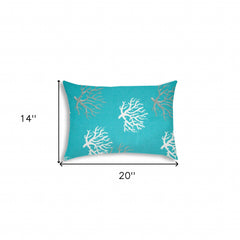 14" X 20" Aqua And White Corals Blown Seam Coastal Lumbar Indoor Outdoor Pillow