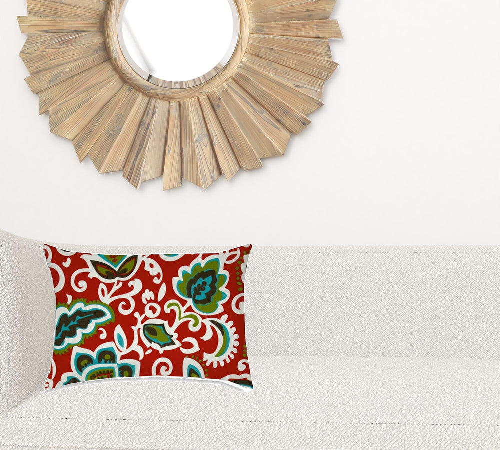 14" X 20" Read And Green Blown Seam Floral Lumbar Indoor Outdoor Pillow - Homeroots - Flyclothing LLC