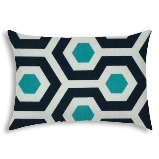 14" X 20" White And Aqua Blown Seam Geometric Lumbar Indoor Outdoor Pillow - Homeroots