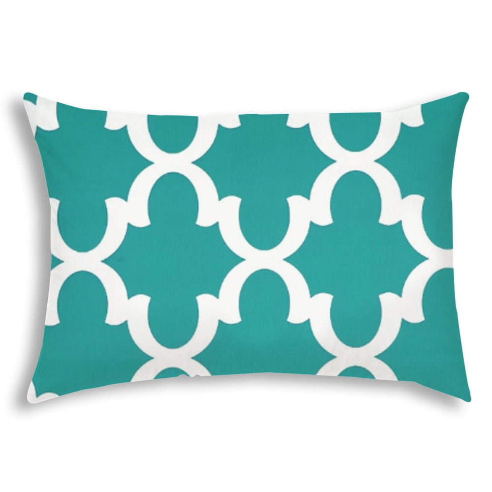 14" X 20" Turquoise And White Blown Seam Quatrefoil Lumbar Indoor Outdoor Pillow - Homeroots