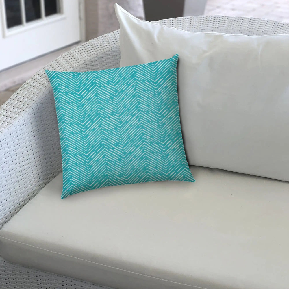 14" X 20" Turquoise And White Blown Seam Zigzag Lumbar Indoor Outdoor Pillow - Homeroots
