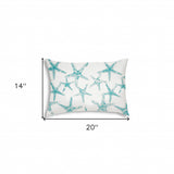 14" X 20" Turquoise And White Starfish Blown Seam Nautical Lumbar Indoor Outdoor Pillow - Homeroots - Flyclothing LLC