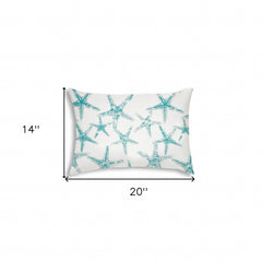 14" X 20" Turquoise And White Starfish Blown Seam Nautical Lumbar Indoor Outdoor Pillow