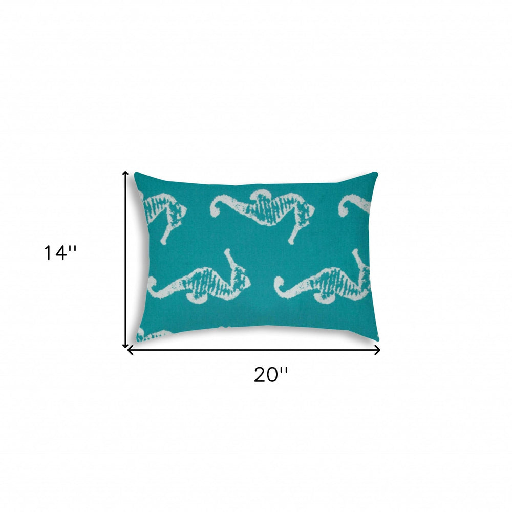 14" X 20" Turquoise And White Seahorse Blown Seam Lumbar Indoor Outdoor Pillow - Homeroots - Flyclothing LLC