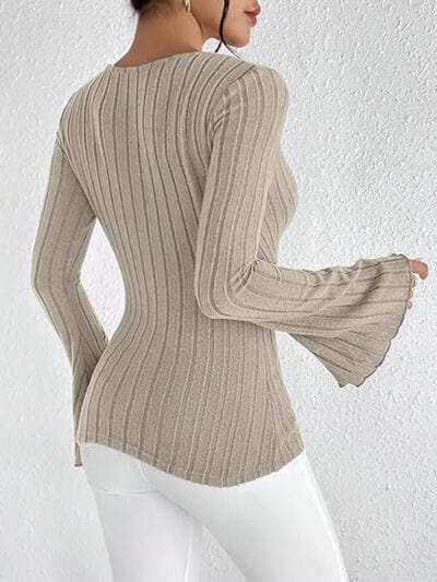 Ribbed Flare Sleeve Top - Trendsi - Flyclothing LLC