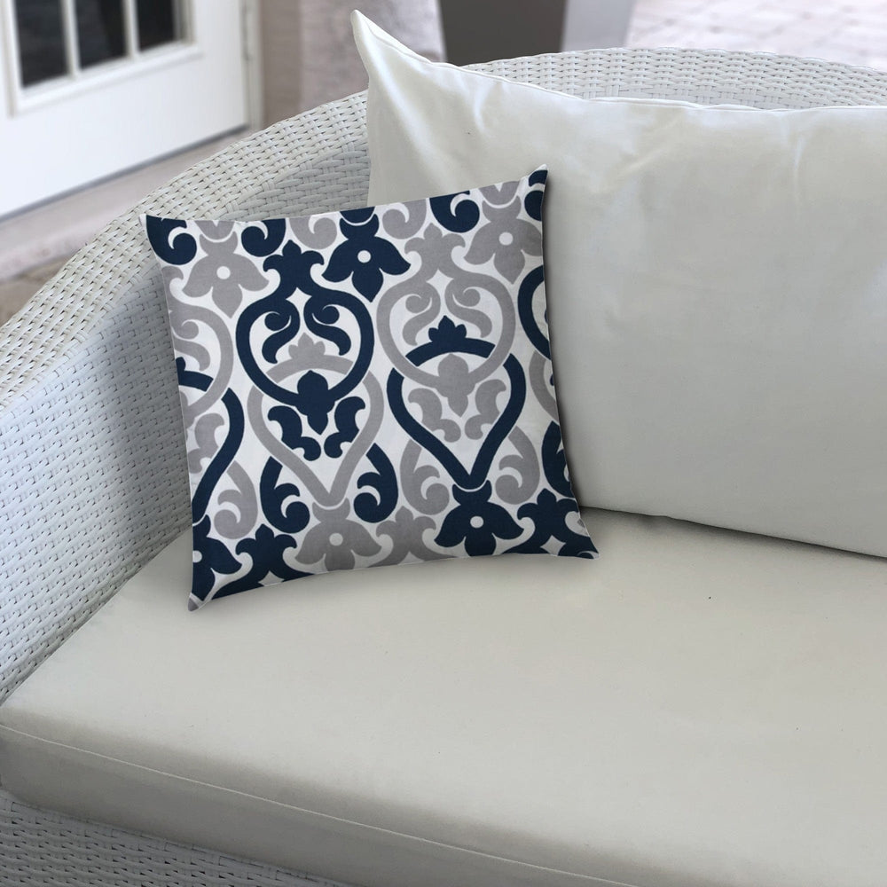 14" X 20" Navy Blue And White Blown Seam Trellis Lumbar Indoor Outdoor Pillow - Homeroots