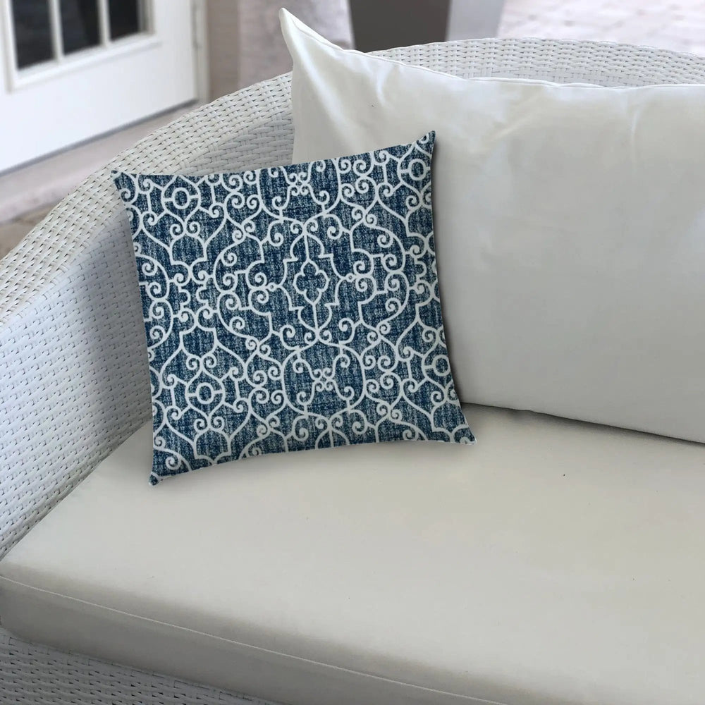 14" X 20" Indigo And Navy Blown Seam Stencil Lumbar Indoor Outdoor Pillow - Homeroots