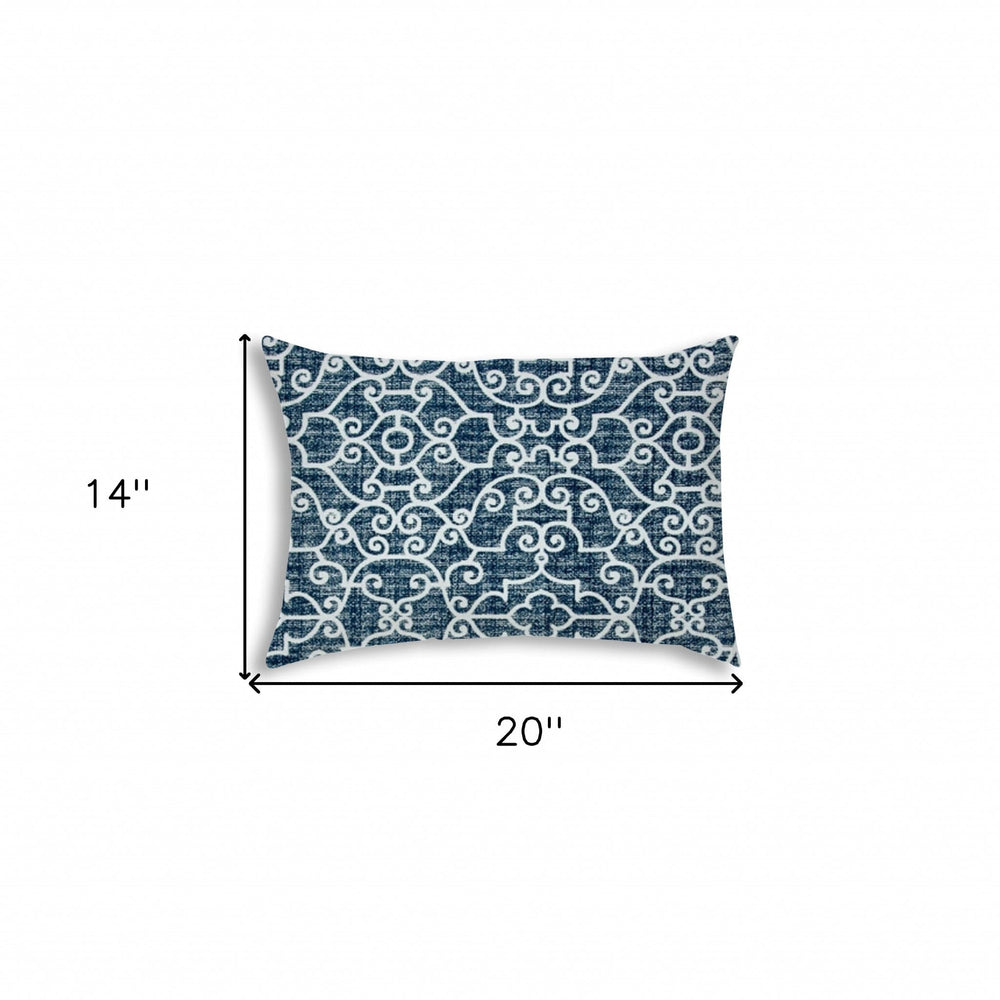 14" X 20" Indigo And Navy Blown Seam Stencil Lumbar Indoor Outdoor Pillow - Homeroots