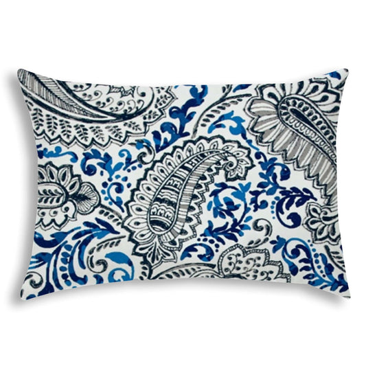 14" X 20" White And Blue Blown Seam Paisley Lumbar Indoor Outdoor Pillow - Homeroots
