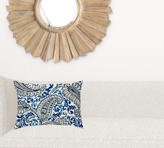 14" X 20" White And Blue Blown Seam Paisley Lumbar Indoor Outdoor Pillow - Homeroots