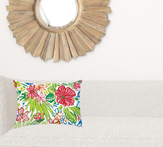 14" X 20" White And Green Blown Seam Floral Lumbar Indoor Outdoor Pillow - Homeroots