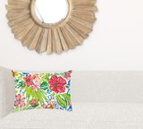 14" X 20" White And Green Blown Seam Floral Lumbar Indoor Outdoor Pillow - Homeroots