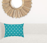 14" X 20" Turquoise Blown Seam Polka Dots Lumbar Indoor Outdoor Pillow