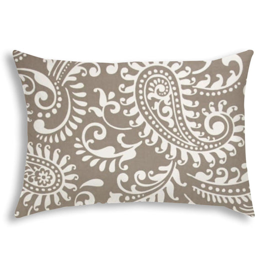 14" X 20" Taupe And White Blown Seam Paisley Lumbar Indoor Outdoor Pillow - Homeroots